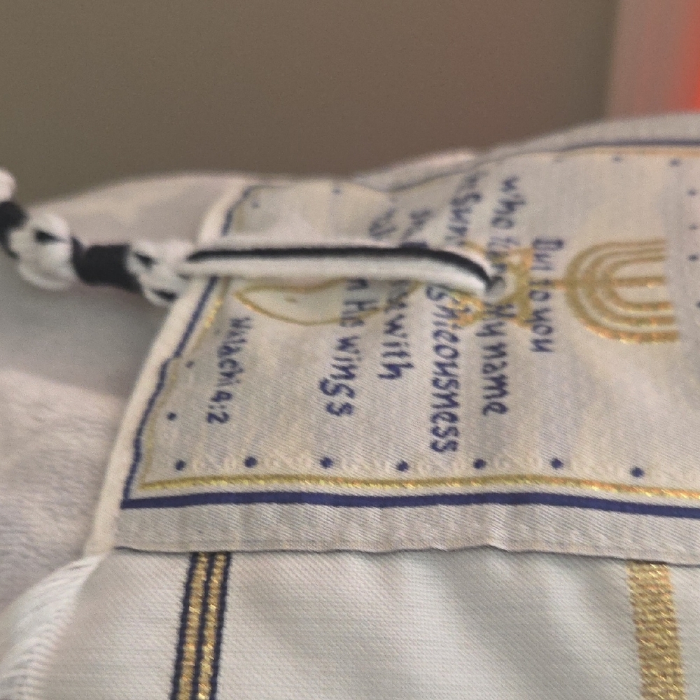 White Fabric Prayer Shawl with Gold & Navy Embroidery